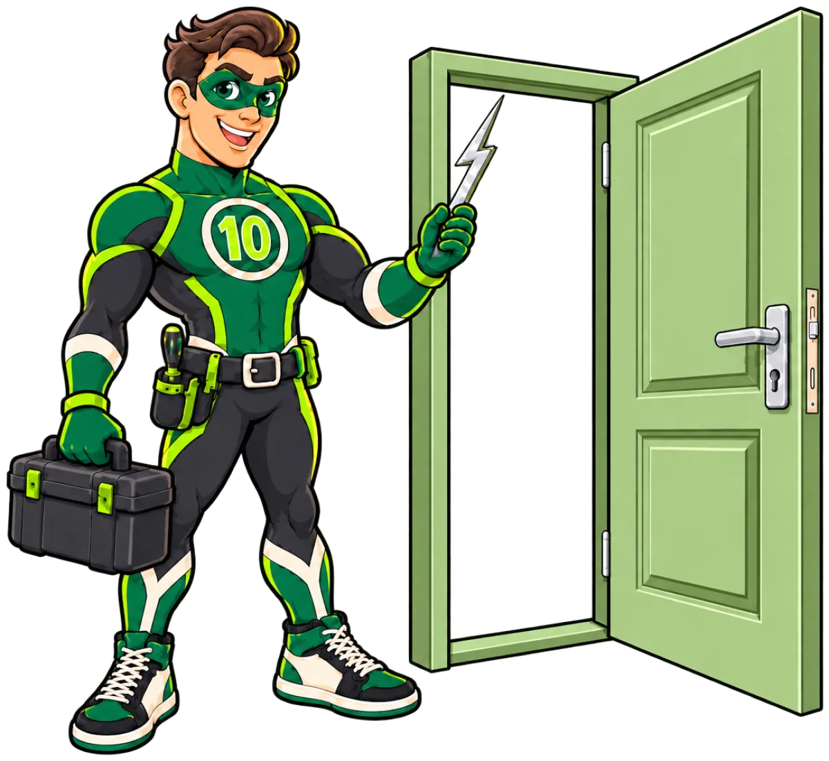 Comic-Superheld von eXpress Türschlosswechsel öffnet mit einem Werkzeug eine grüne Tür
